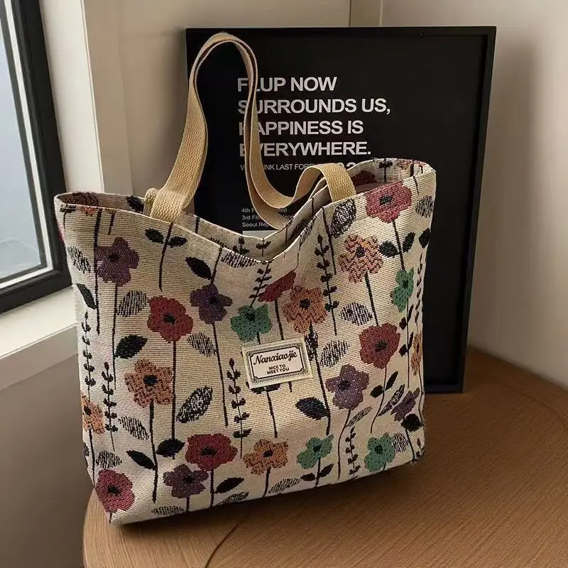 Women Retro Floral Canvas Tote Bag, Large Capacity Flower Pattern Shoulder Handbag for Shopping Work Daily Carry