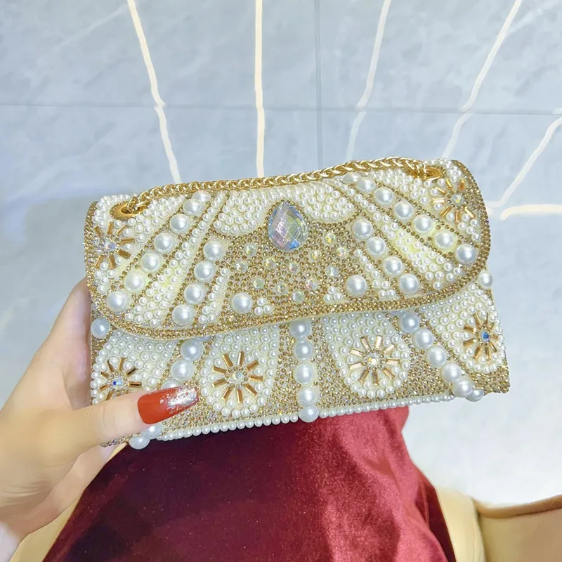 

2025 Luxury High-end Big Pearl Colorful Diamond Wedding Evening Clutch Bag New Fashion Rhinestone Handbags Designer Shoulder Bag