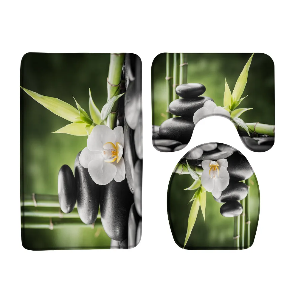 Zen Bath Mat Sets Green Bamboo Orchid Flower Plant Black Stone Spa Scenery Garden Bathroom Doormat Non-Slip Rug Toilet Lid Cover