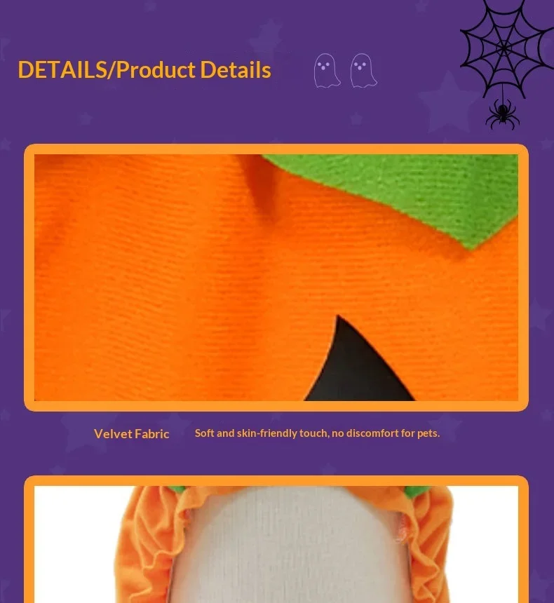 Verstellbares, waschbares Halloween-Kürbis-Overall-Kostüm für kleine Hunde und Katzen, lustiges & gruseliges Trick-or-Treat-Outfit – Detail 3