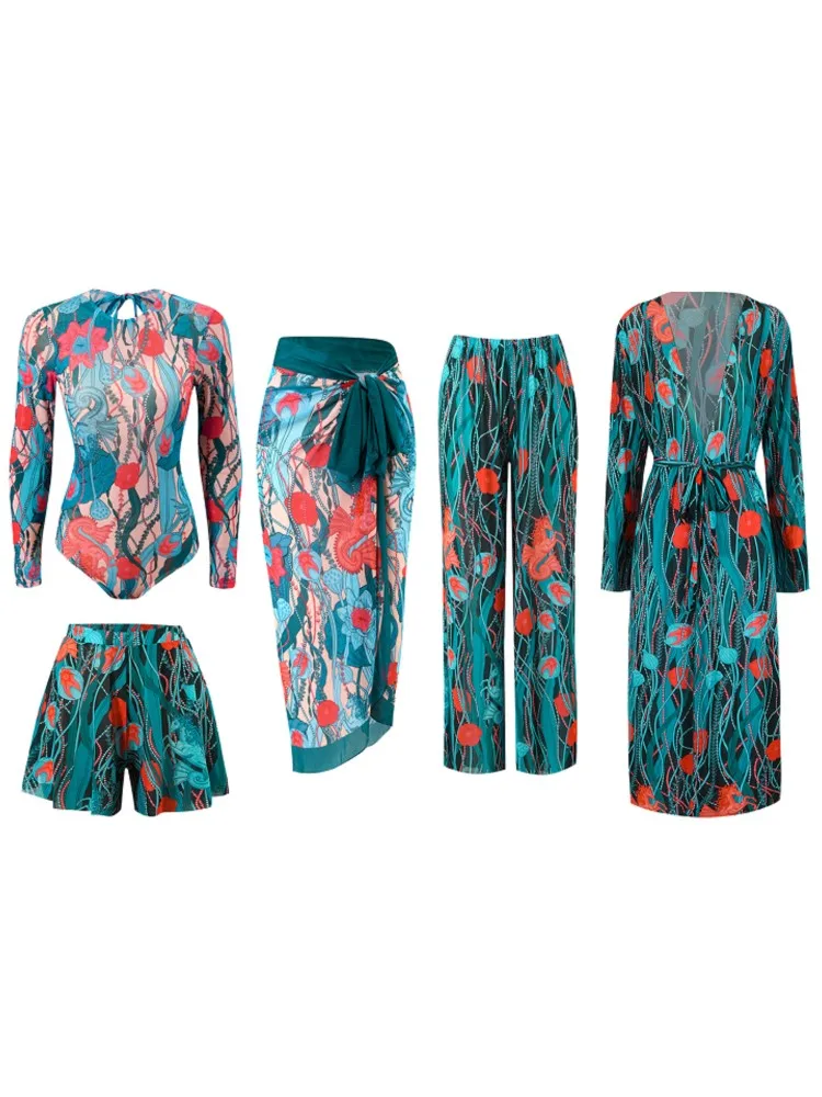 ชุดว่ายน้ำเซ็กซี่เอวสูง 5 ชิ้น สำหรับผู้หญิง ชุดบิกินี่แขนยาว ชุดว่ายน้ำชายหาด ชุดว่ายน้ำฤดูร้อน