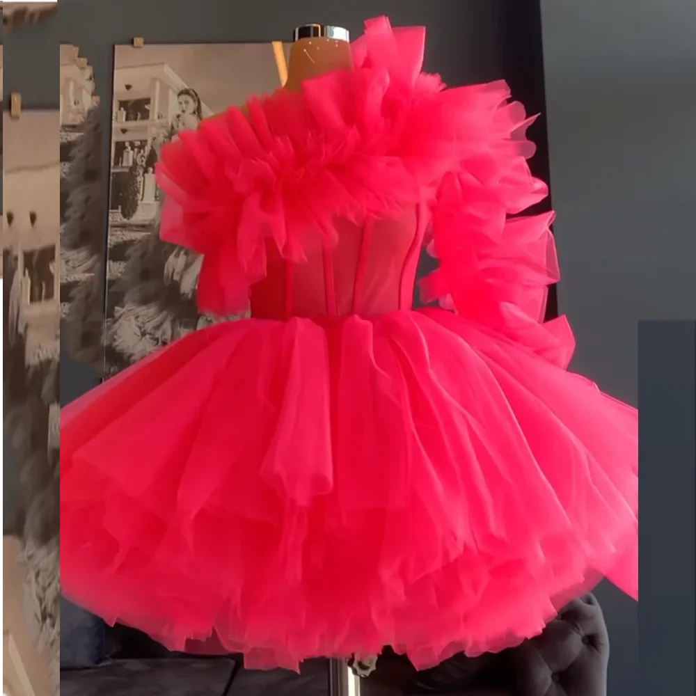 Stunning One Shoulder Tiered Ruffles Short Mini Formal Prom Party Dress Lace up A-line Puffy Prom Club Gown vestidos de festa