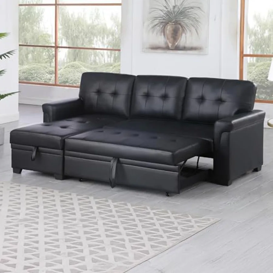 

Lucca 84" Reversible Sleeper Sectional Sofa with Pull-Out Bed and Storage Chaise, Black Vegan Leather, Tufted Back, Modern Comp
