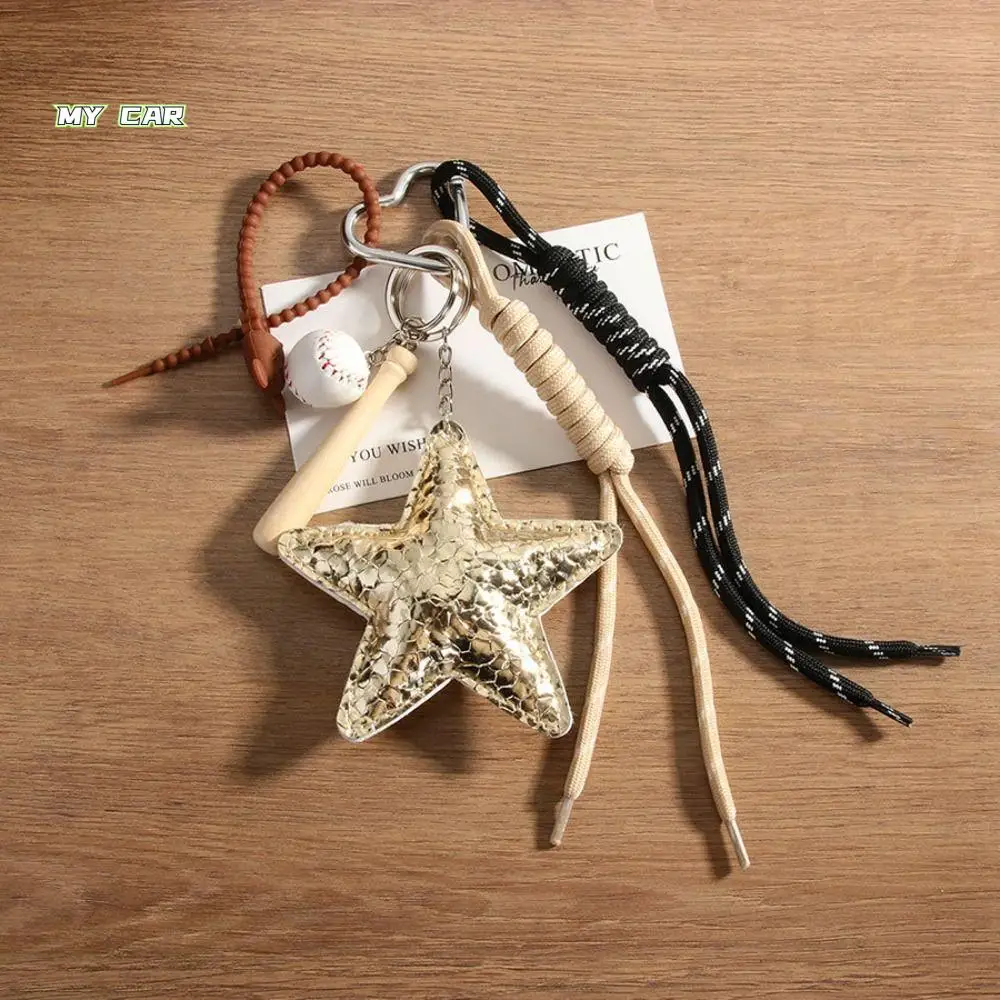 

PU Leather Star Shaped Keychain Hanging Anti-Lost Woven Rope Bag Pendant Sporty Style Ins Big Star Baseball Keyring