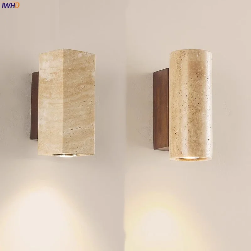 

IWHD Vintage Wabi Sabi LED Wall Lights Decoration Living Room Mirror Balcony Wood Yellow Travertine Bedside Lamps Lampara Pared