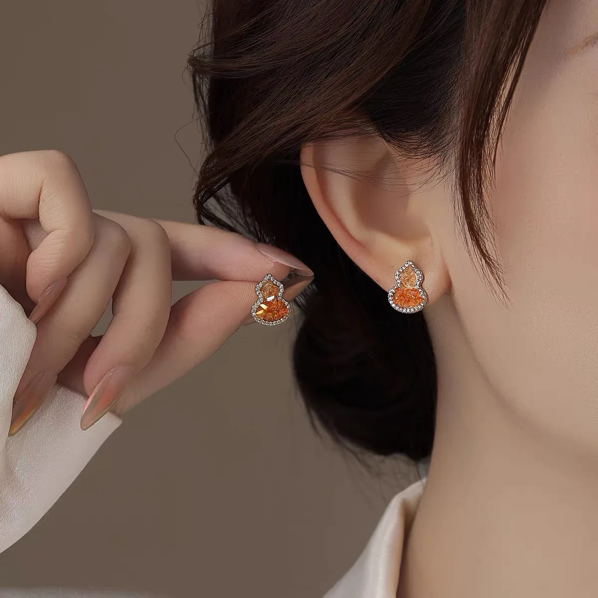Classic gradient crystal gourd earrings for women unique and luxurious Orange exquisite earings stud suitable for daily jewelry
