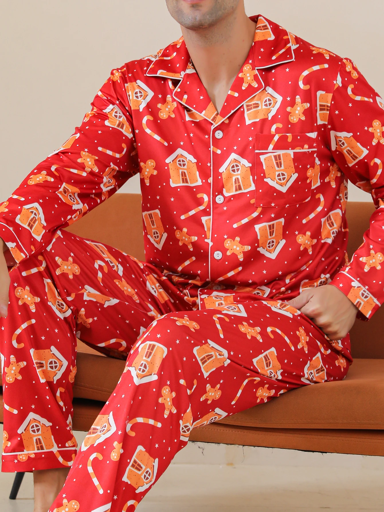 メンズスノーハウス柄パジャマセット,長袖パジャマ,パンツ,秋冬,2点セット