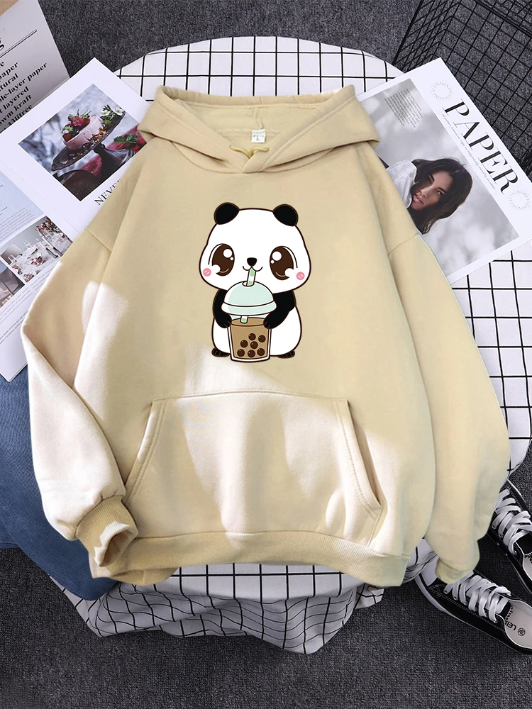 

Hoody Little Panda Drinking Milk Tea Print Hoodie Streetwear Cute Winter Clothes Womens Oversized Loose Sweatshirts Women