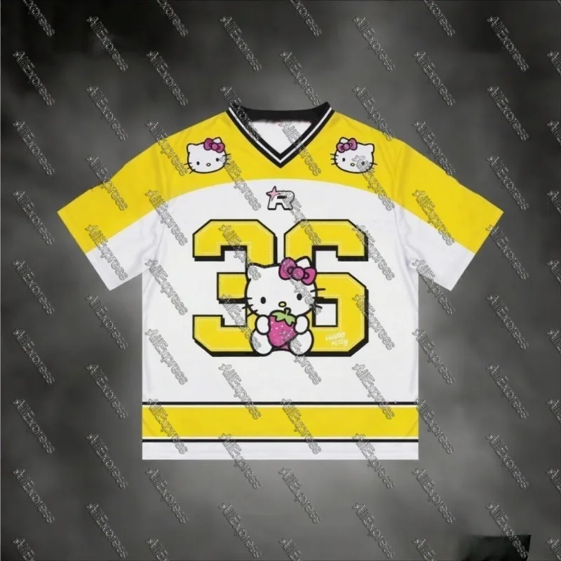 

Summer Hello Kitty NO.36 V-Neck Baseball T-Shirt Sportswear Loose Casual Lightweight Breathable Streetwear Top for Women And Men