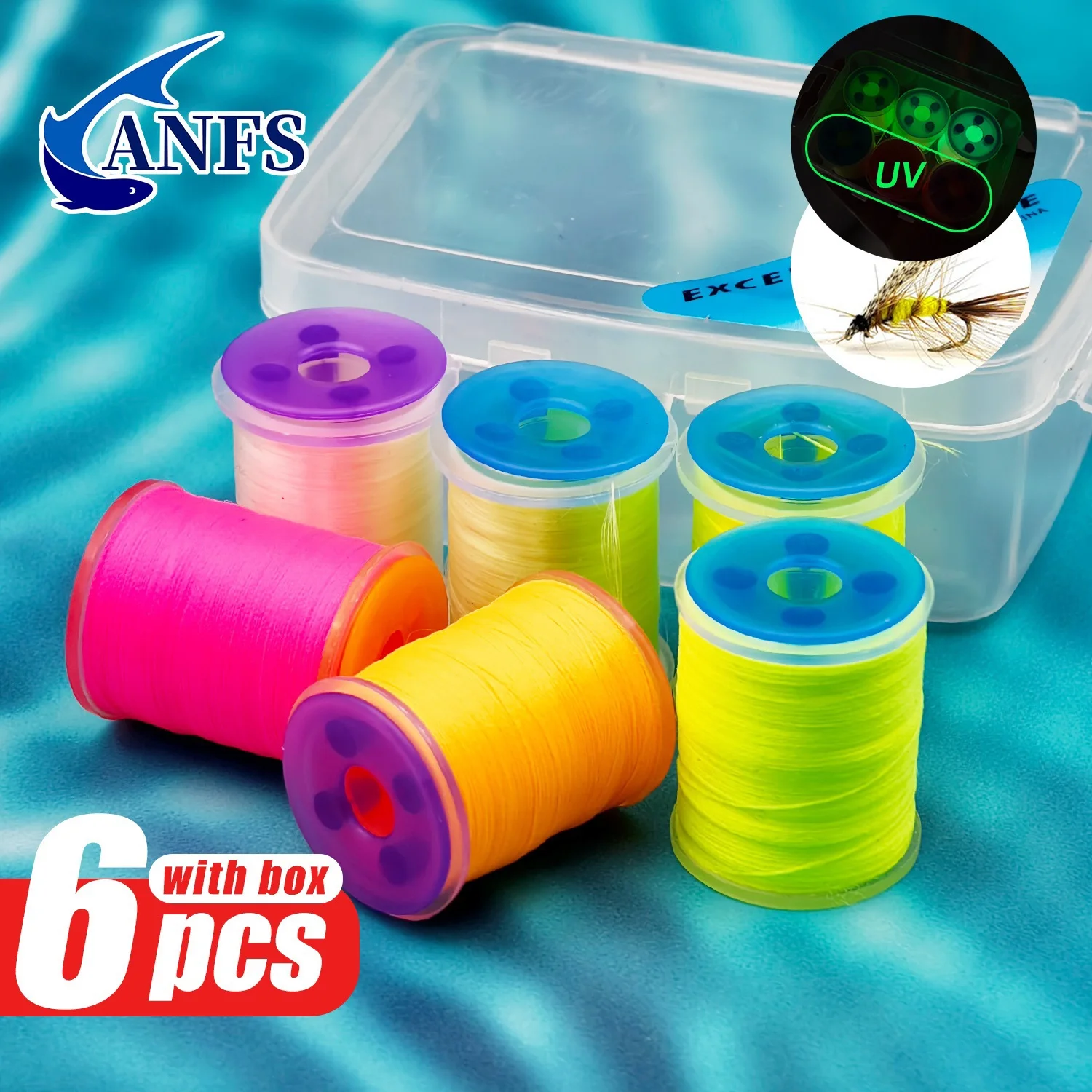 ANFS 6 قطع من خيوط ربط الذبابة بتصميم متنوع، مادة ألياف ربط الذبابة، 3 قطع ليلاً مع 3 قطع تتوهج تحت الأشعة فوق البنفسجية، أفضل هدية للصياد #4
