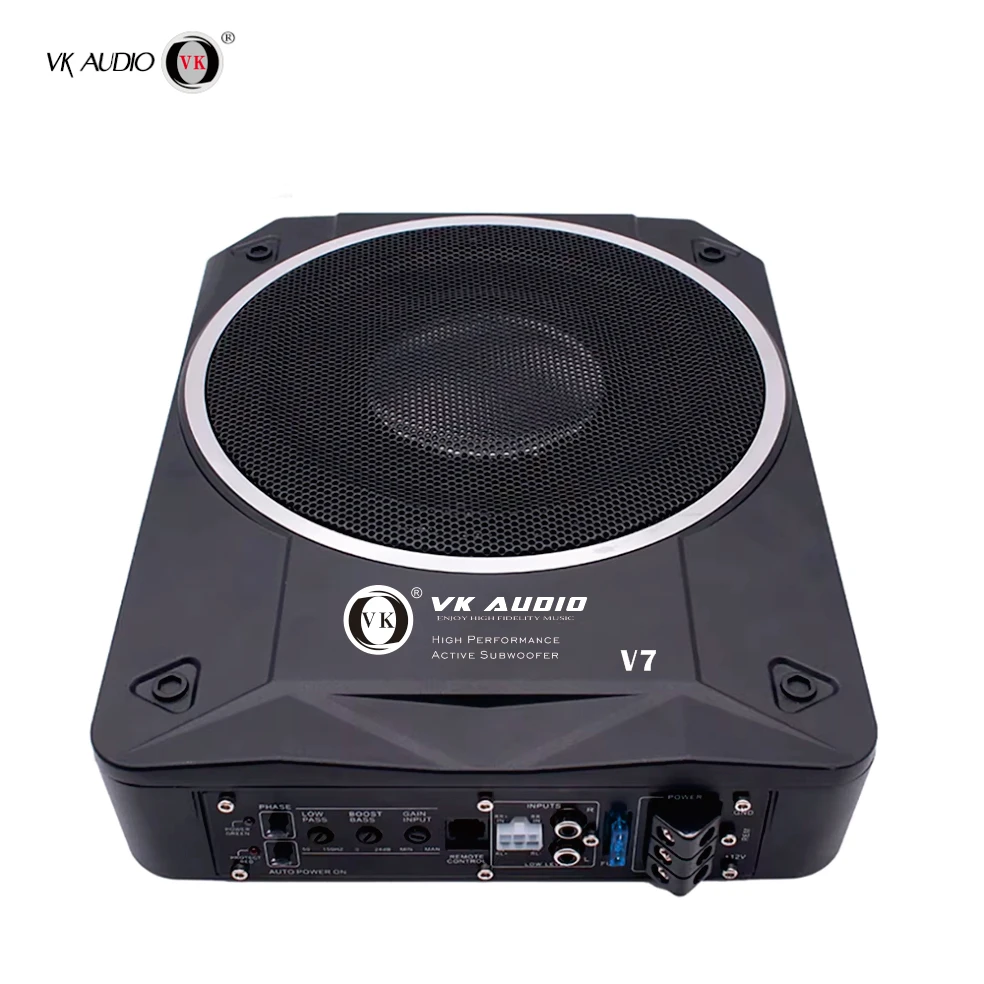 Powerful 10-Inch Deep Bass VK V7 Underseat Subwoofer Car Audio 1000W Max Power Rechargeable Battery Slim Design 12V DC MDF
