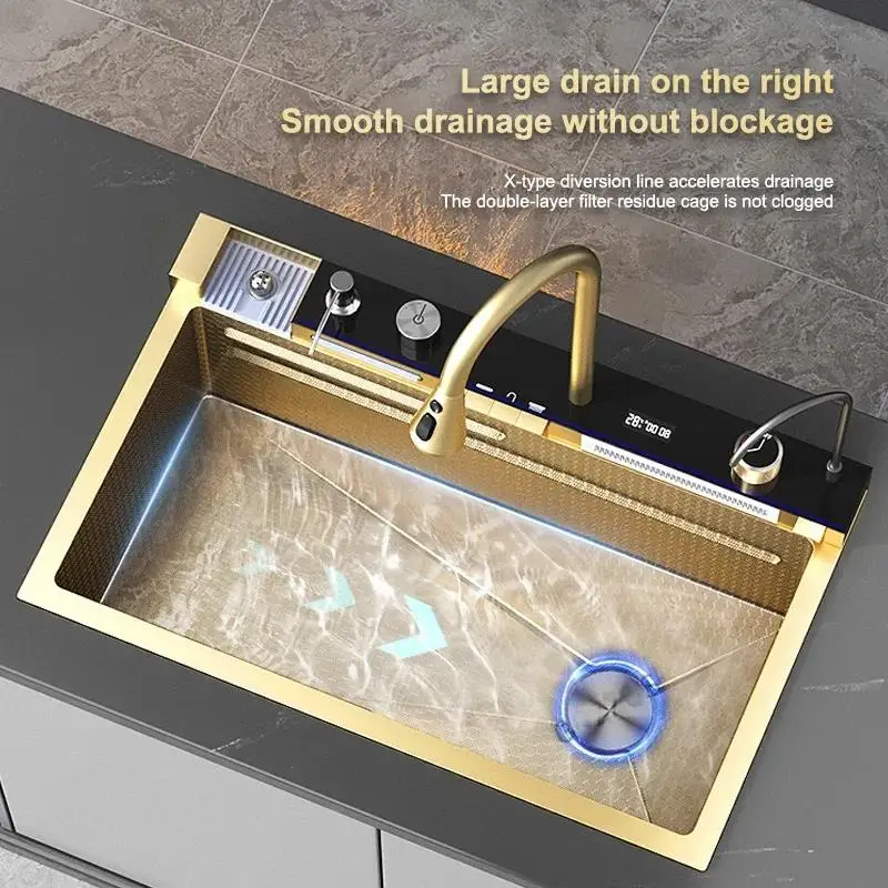 Imagem -02 - Smart Waterfall Kitchen Sink Conjunto de Display Digital Multifunções Integrado Slot Único Grande em Aço Inoxidável Preto e Dourado Luxo