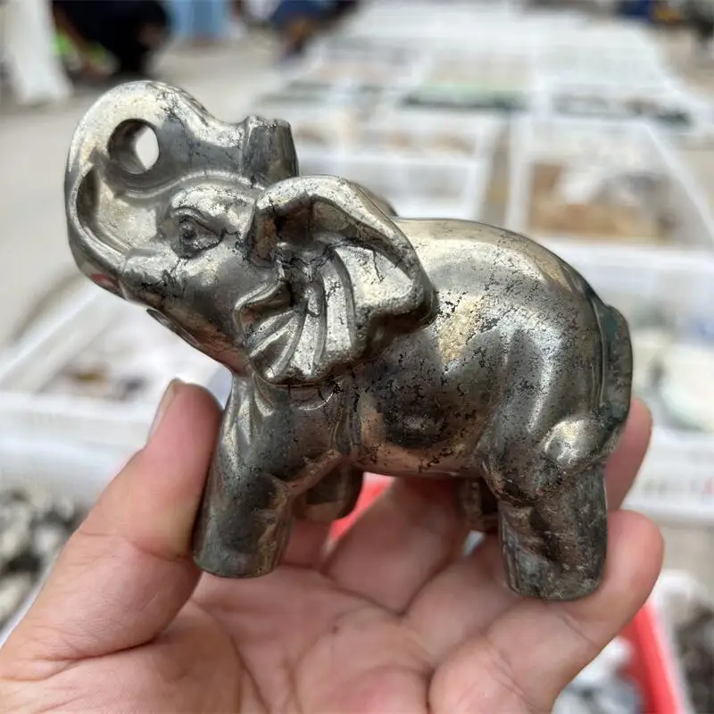 10CM Natural Pyrite Elephant Carving Crystal Fortune Statue Fortune Money Good Luck Room Decor Gift 1PCS