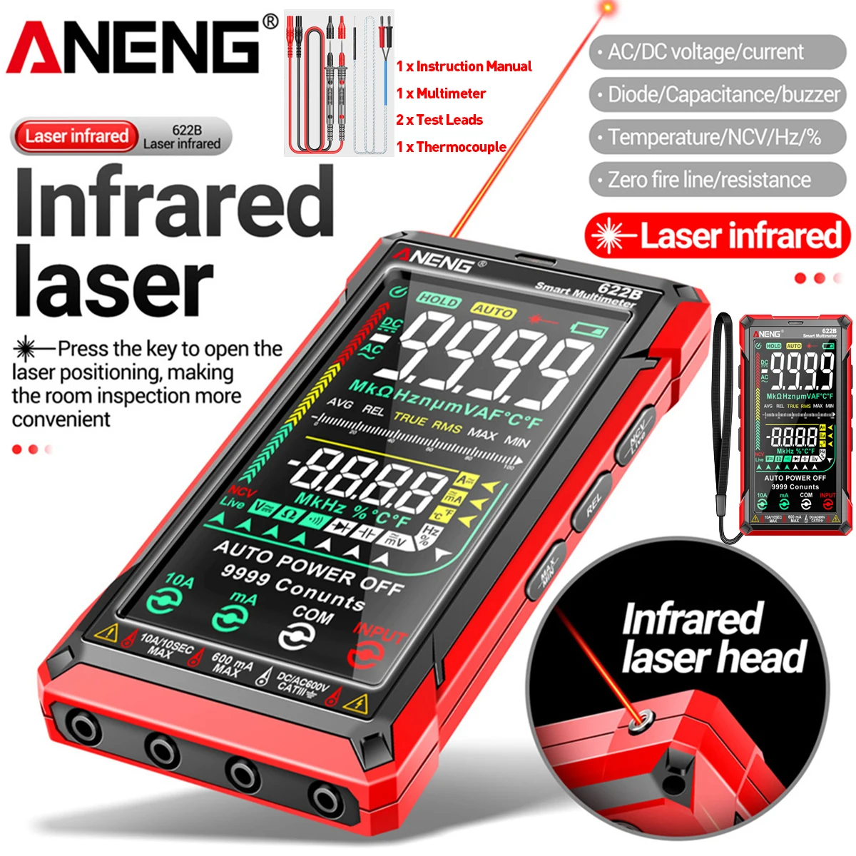 ANENG 622B VA Screen Multímetro Digital 9999 Count Tester Multimetro Meter Multitester with Laser Lamp Capacitance Ohm Multimete