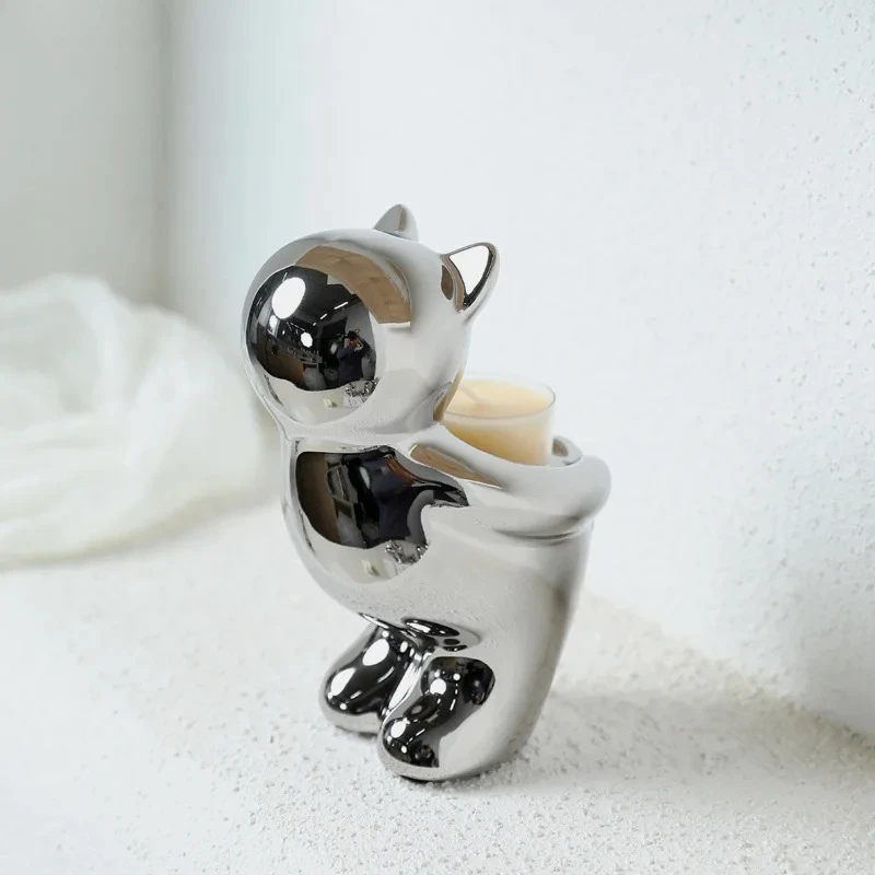 Minimalism Silver Cat Candle Holder Ceramic Candlestick Desk Decoration Wax Melt Burner Aroma Diffuser Home Aroma Container