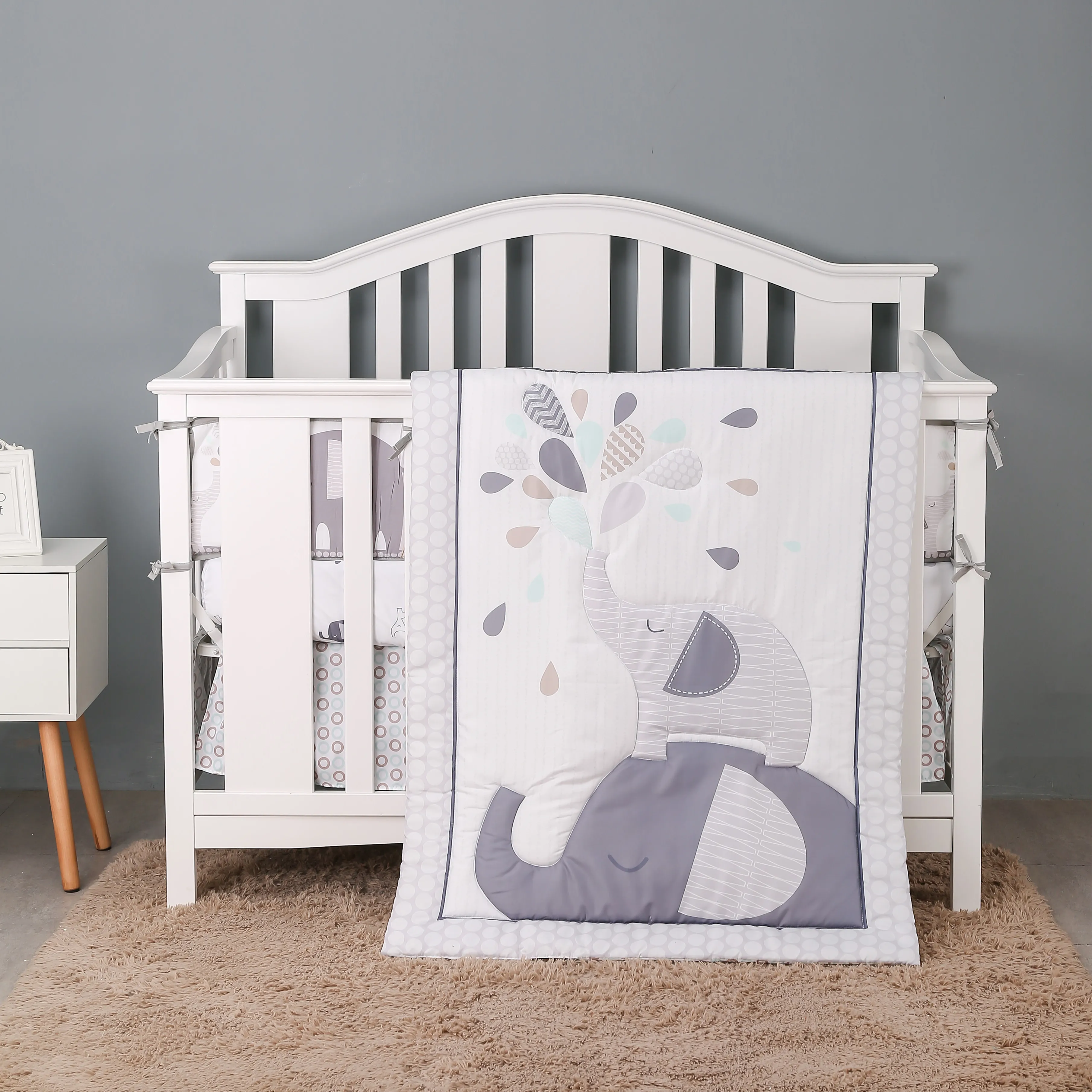 

7Pcs Safari Elephant Baby Crib Bedding Sets Cot Bumper Neutral Polyester (4Bumpers+Comforter+Sheet+Crib Skirt)