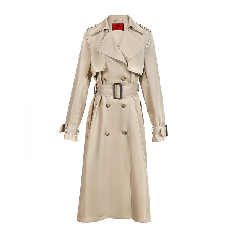 ผู้หญิง Trench Coats เข็มขัดแฟชั่น Double Breasted Trench Vintage คอยาวแขนยาว Outwear Chic Office Ladies Coats