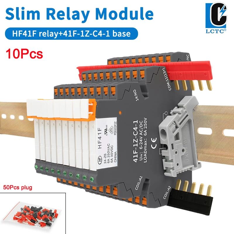 

10pcs 41F-5-ZS 41F-12-ZS 41F-24-ZS Slim Relay Module With LED 6A DIN Rail Relay HF41F-5V/12V/24V