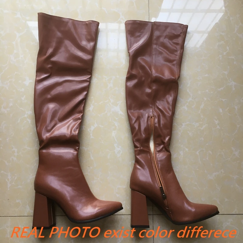 ASILETO Sexy Thigh Boots for Women Pointed Toe Block Heels 10cm Zipper Plus Size 47 48 49 50 Party Soft Female Stretch Booties
