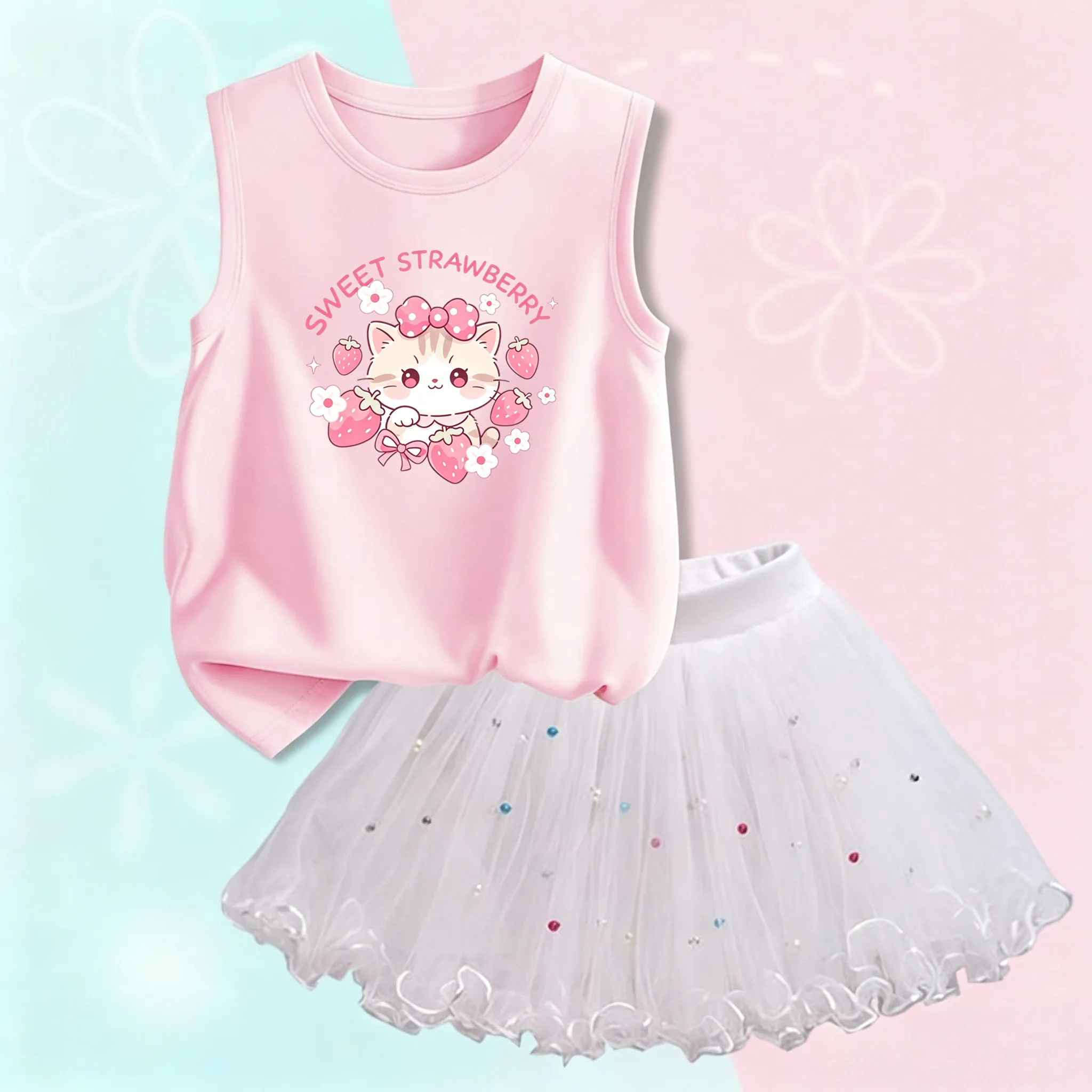 2Pcs Girls Tutu Skirt Set Cute Cat Strawberry Print Sleeveless Tank Top Pearl Tulle Summer Casual Outfit CMM1
