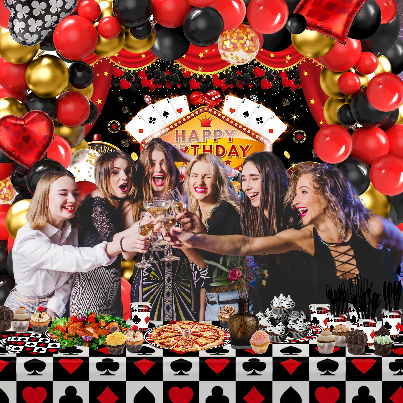 Mocsicka-telón de fondo para fiesta temática de Casino, juego de Decoración de cumpleaños, vajilla de póquer, globos de Casino, suministros de fotomatón, 269 piezas
