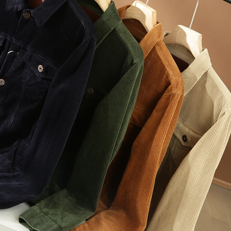 

Retro Workwear Corduroy Collar Jaet Men's Casual Versatile Autumn Faion Outerwear Long Sve Stand Fit Youth Trend