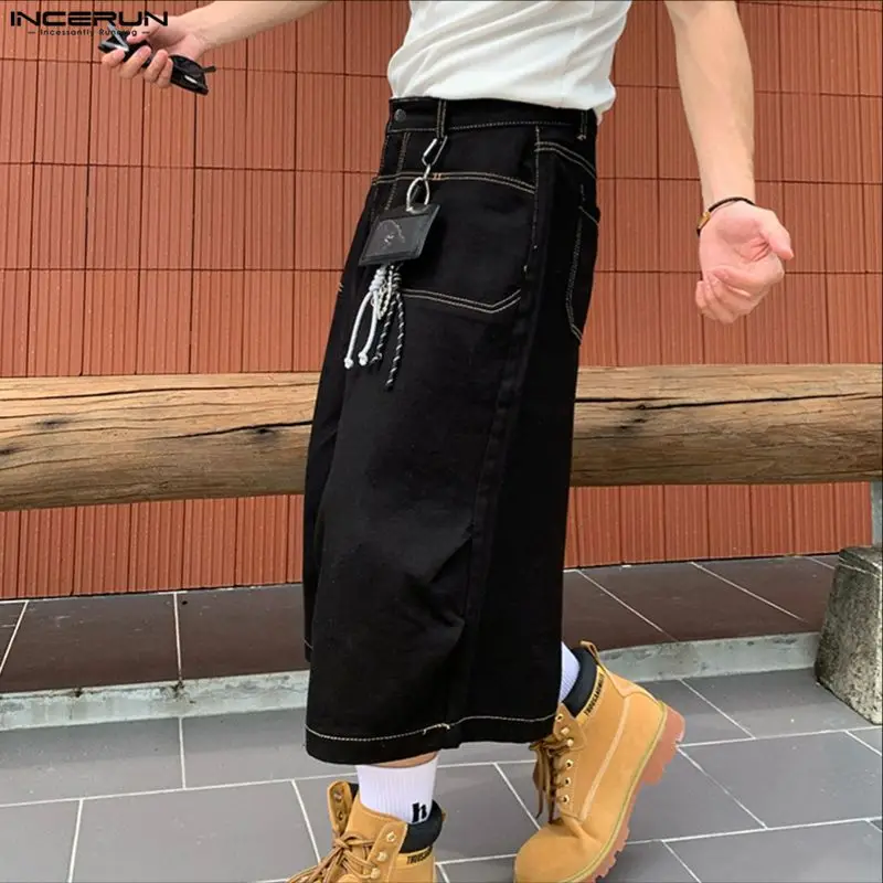 INCERUN Herrenhose, einfarbig, mit Knöpfen, lockere, lässige Hose mit weitem Bein für Herren, Streetwear, 2026, modische, wadenlange Hose