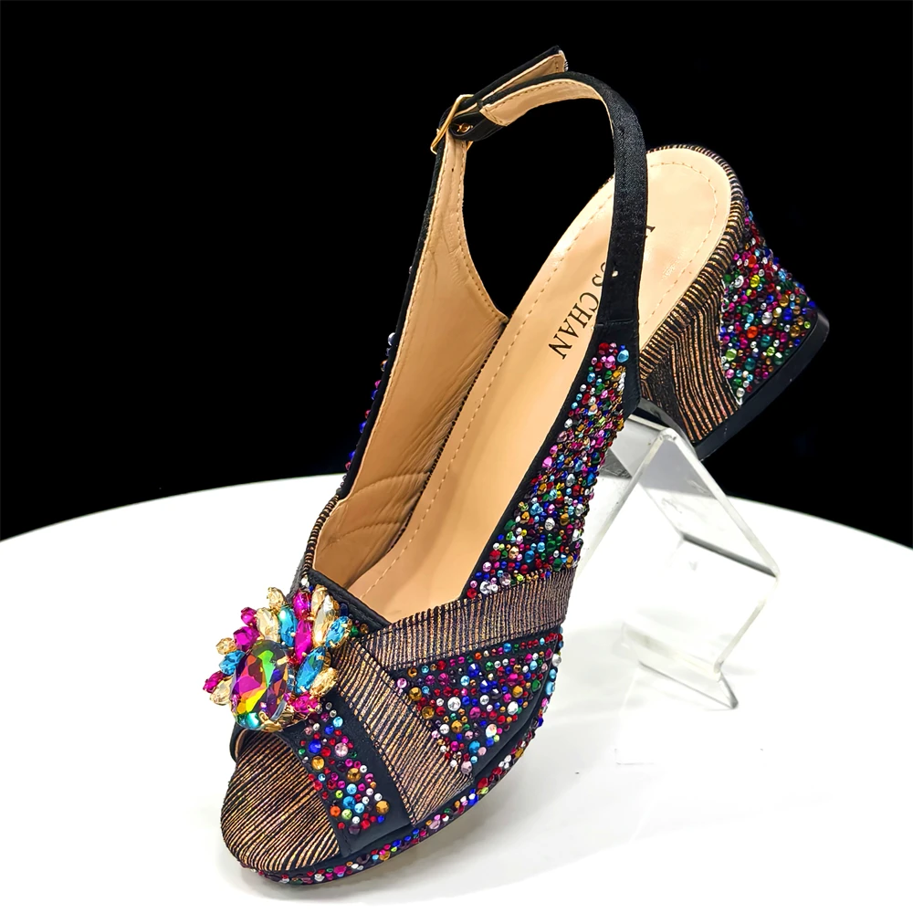 2025 Luxury Italian Women's Party Shoes & Handbag Set – Elegant Multicolor Rhinestone Peep-Toe High Heels Sandals for Weddings - view 5