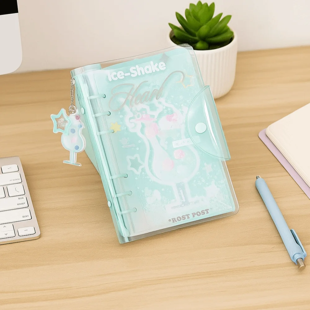 Portable 6 Binder Ring Notebook Exquisite Button Design PVC Notebook Frosty Series Loose-leaf Schedule Book Work Organization