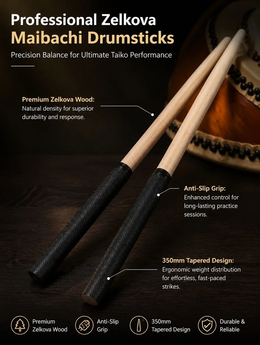 Pair Taiko Drumsticks 350x20mm Black Tapered Type Lightweight Balanced Perfect for Maibachi Drum Playing