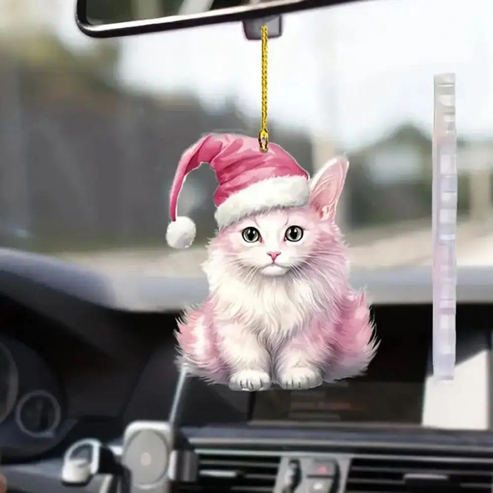 Acrylic 2d Cat Shaped Car Rearview Mirror Pendent Window Hanging Xmas Decor Cat Rearview Mirror Charm cute kitten Cat Keychain