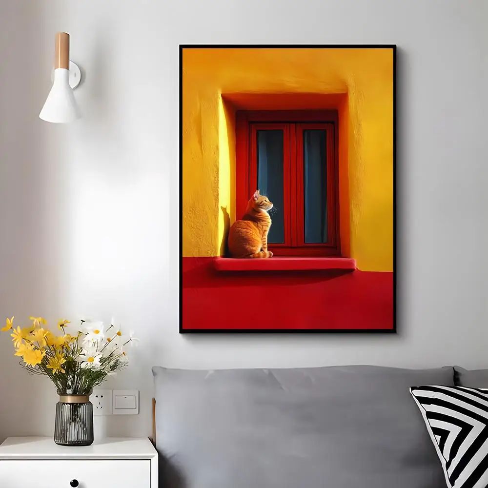Artistic Concept B-bright and colorful window view and cat Poster Trendy Aesthetic Wall Decor for Dorm & Bedroom