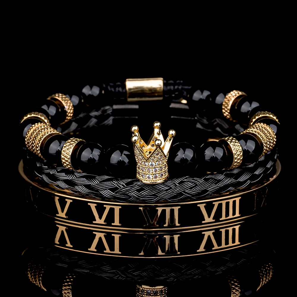 Luxury Roman Royal Crown Charm Men Stainless Steel Tiger's Eye Stone Geometry Pulseiras Open Adjustable Bracelets Couple Jewelry