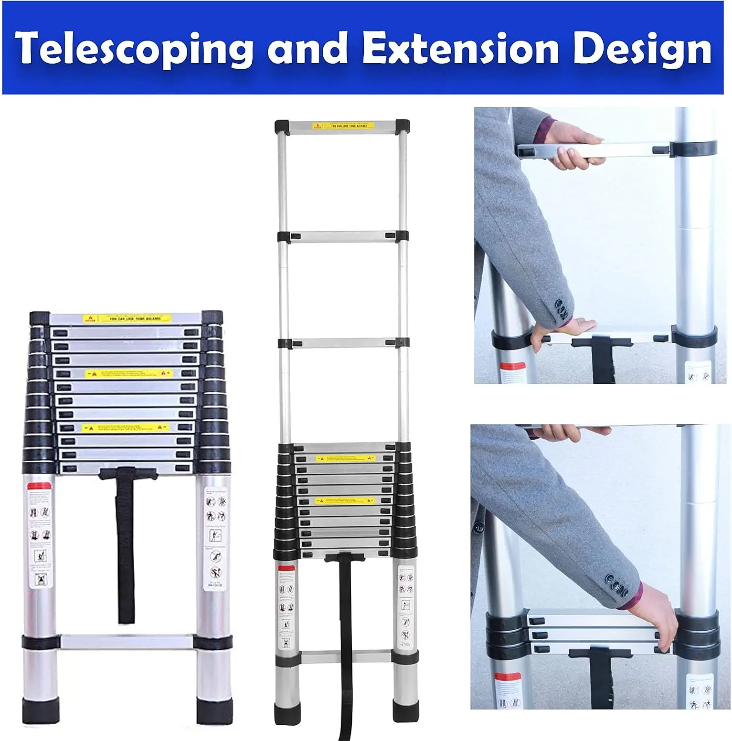 16,5 Fuß Teleskopleiter, 2 abnehmbare Haken, DIY-Aluminium-Verlängerungsleitern, für Zuhause, drinnen und draußen, tragbar, robust, 330 lbs Belastung