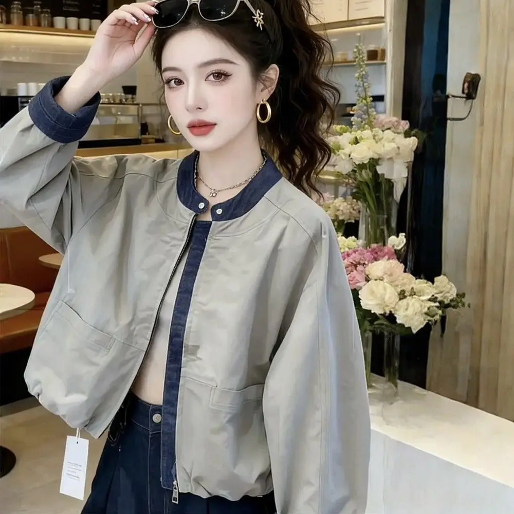 

Korean Style Denim Patchwork Short Jacket 2026 Spring Autumn Women Stand Collar Baseball Jacket Female Outwear Casual Clothes
