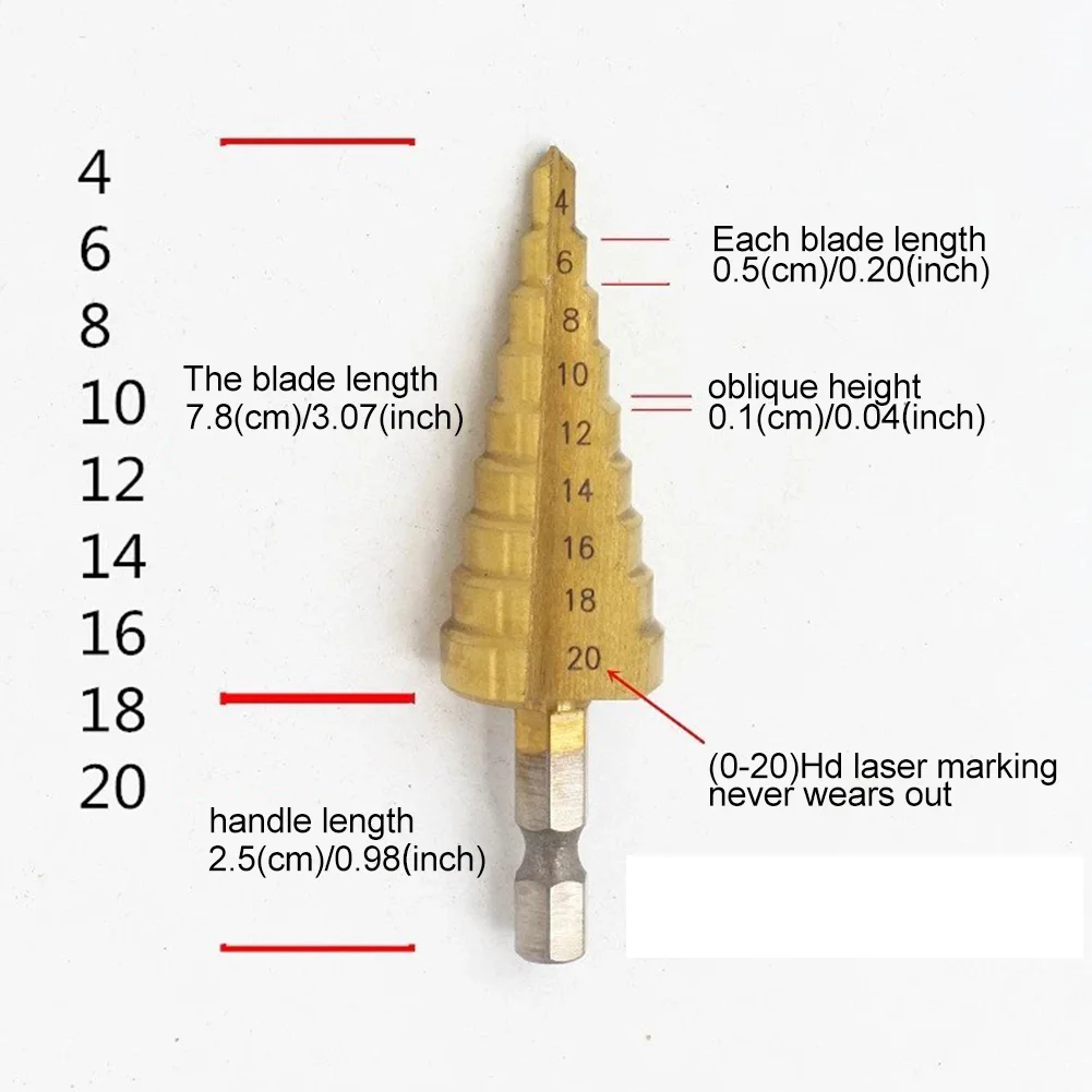 Broca de Passo Revestida de Titânio HSS, Ferramentas Elétricas de Perfuração, Metal, Alta Velocidade, Aço, Cortador de Madeira, Cone Drill, 4-12mm, 20mm, 32mm