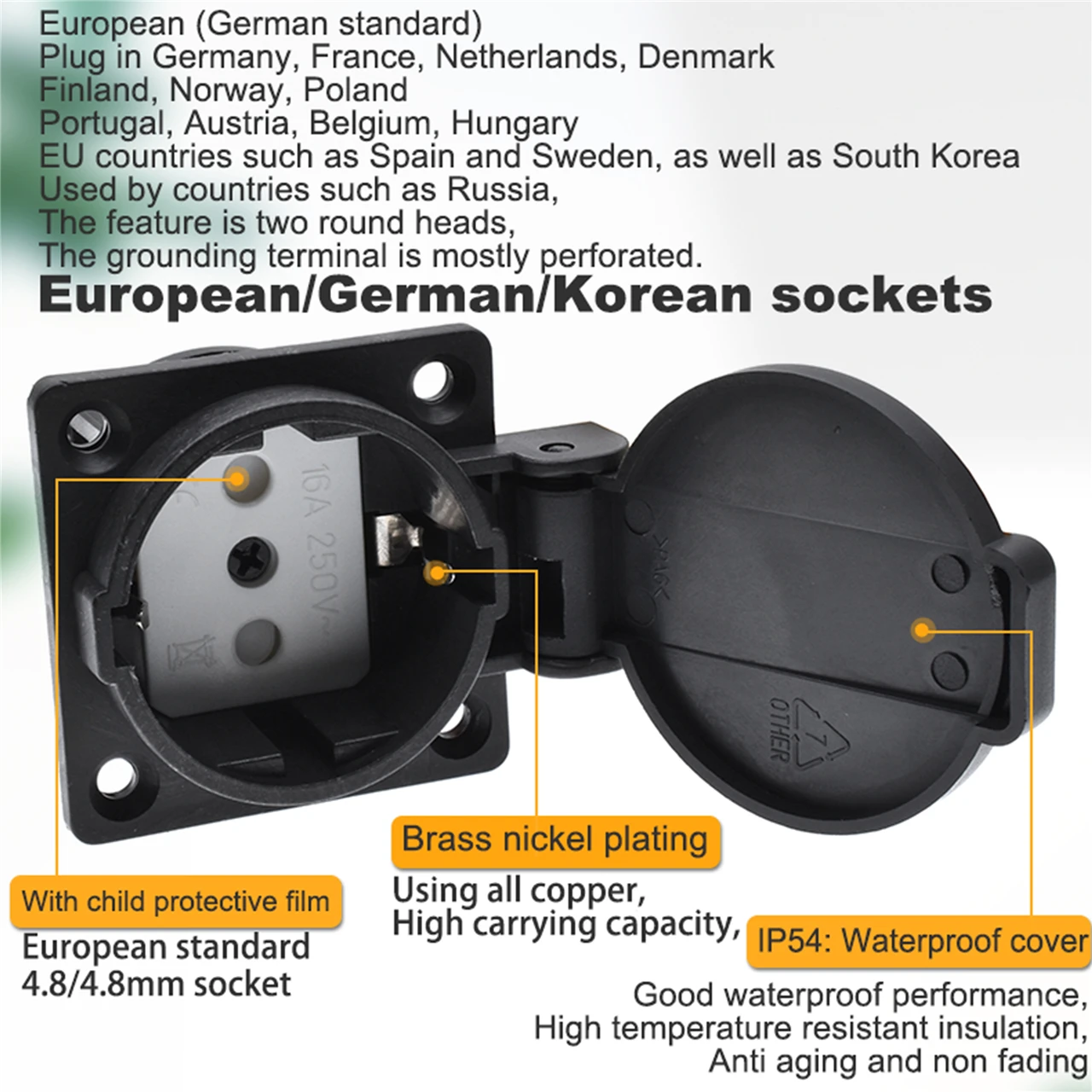 UE IP54 16A250V elektryczne gniazdo zasilania prądem zmiennym Europejski przemysł uniwersalny z wodoodporną osłoną Niemiecki standard gniazdo