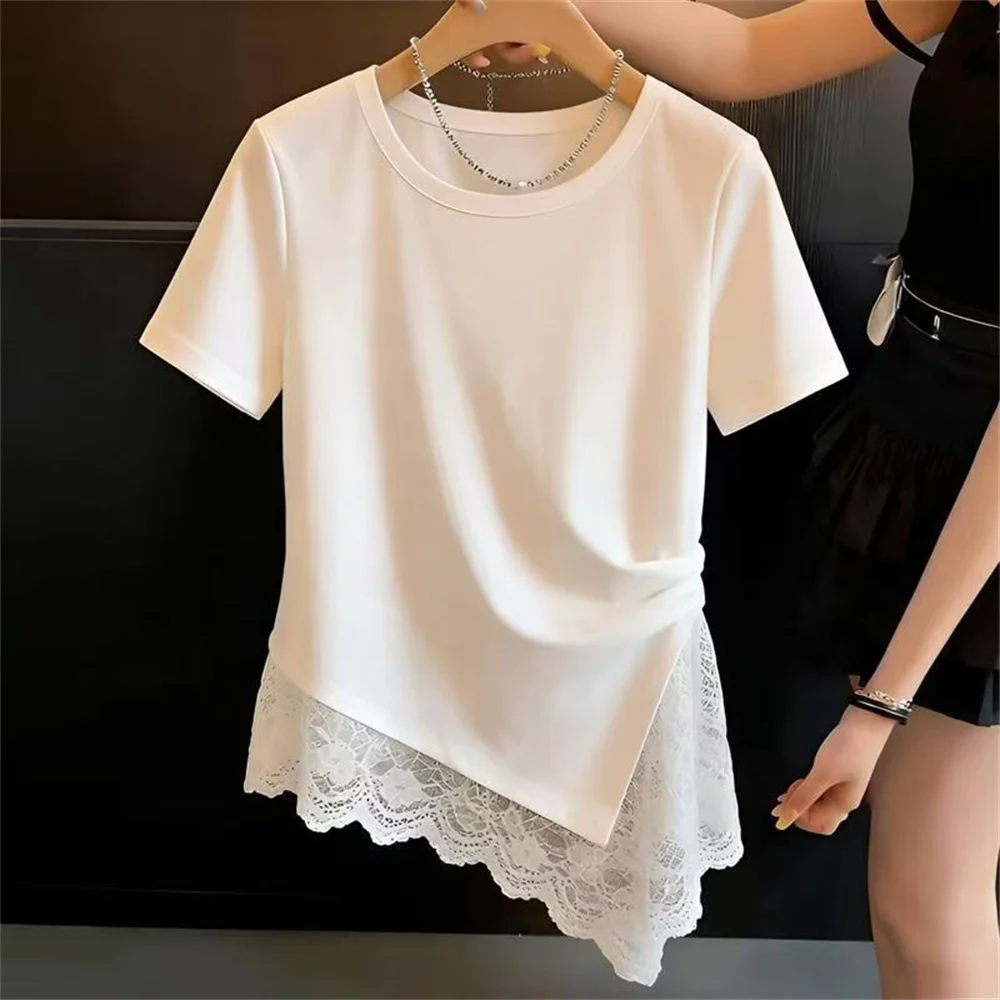 2026 Summer Hot Sale New Fashion Women's Clothing Irregular Lace Patchwork Short Sleeve Tshirt Korea Design Beautiful Tshirt Top