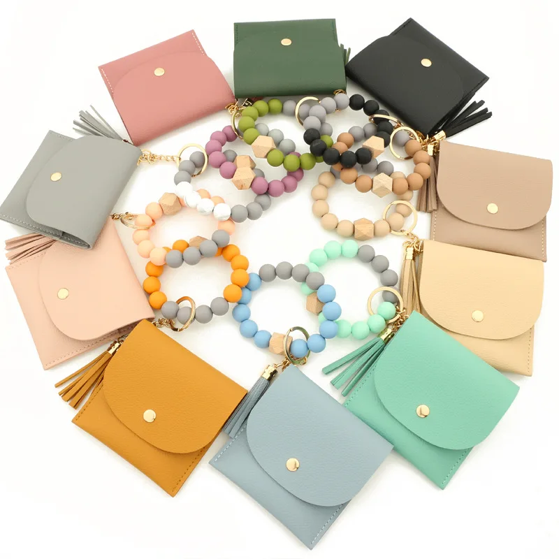 2pcs Silicone Bead Bracelet Card Pack Food Grade  PU Women's Purse Key Chain