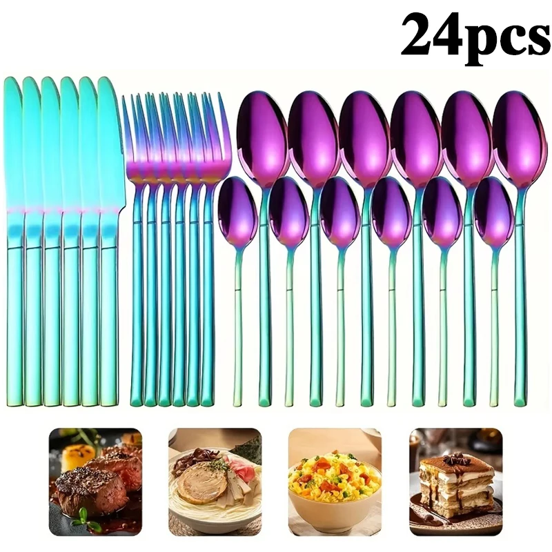 

24pcs stainless steel knight tableware set, including knife, fork, spoon and dessert spoon, available in many colors.