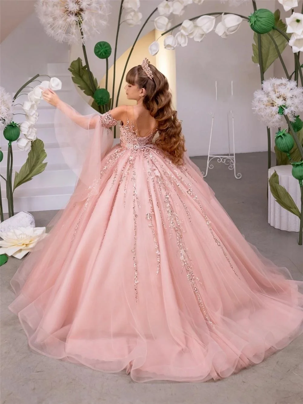 Custom Luxury FlowerGirl Wedding Pageant Pink Spaghetti Strap Sequin Tulle Kids Luxe Birthday Guest Evening Runway Maxi Ball Gow