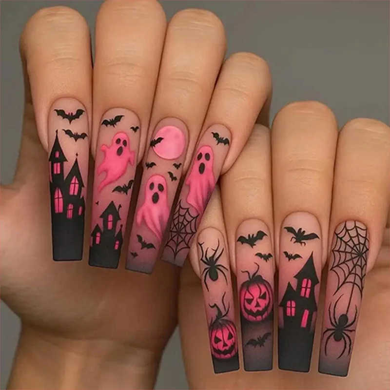 24 Stück glitzernde rosa Pailletten-Fake-Nagel-Patch, gruseliger Totenkopf, Liebes-Herz-Muster, künstliche Nägel, vollständige Abdeckung, tragbare Halloween-Geschenke