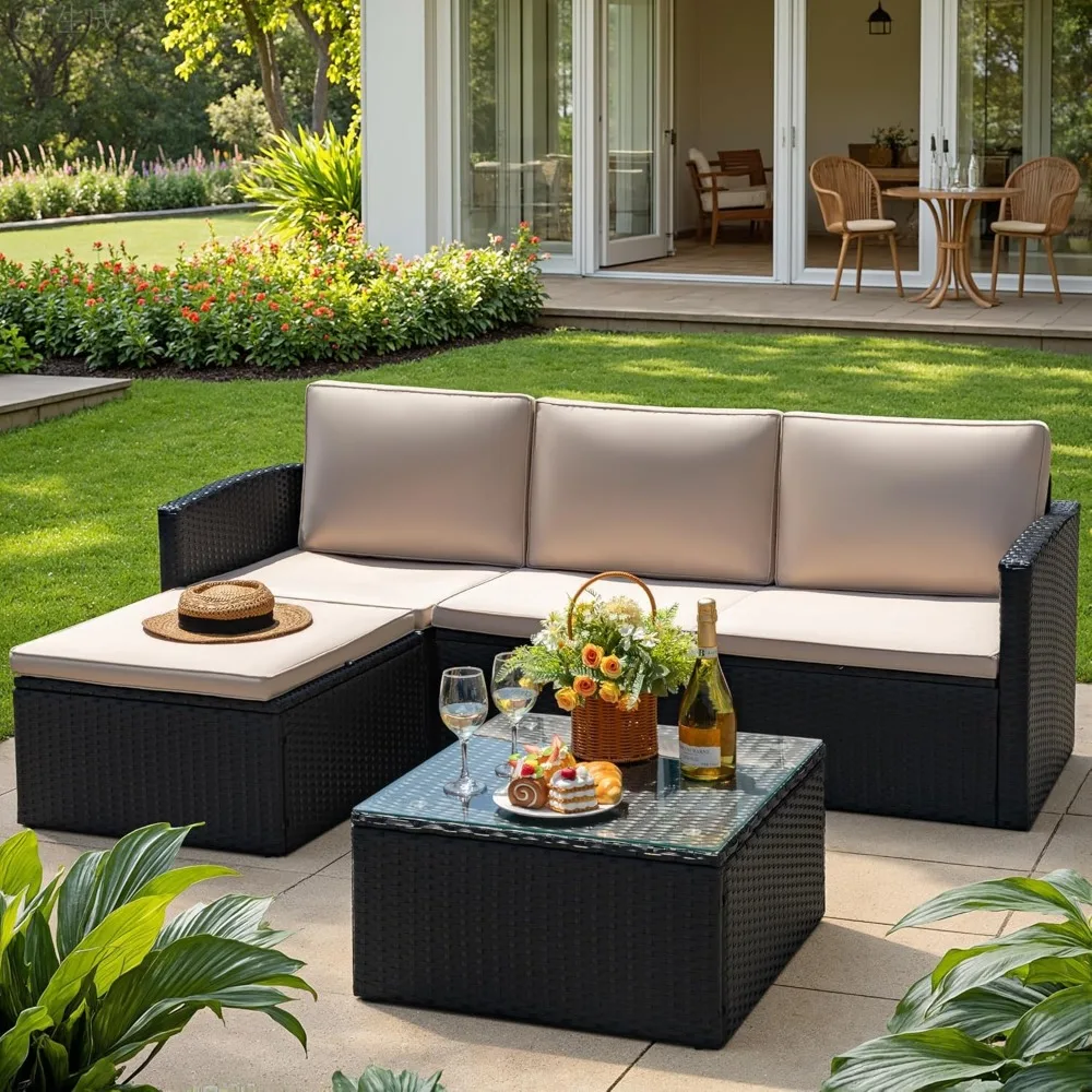 مجموعة محادثة الفناء 4 قطع أثاث خارجي مجموعات PE الخوص الروطان أريكة الفناء الاقسام قابل للتعديل جميع الأحوال الجوية مع C #6