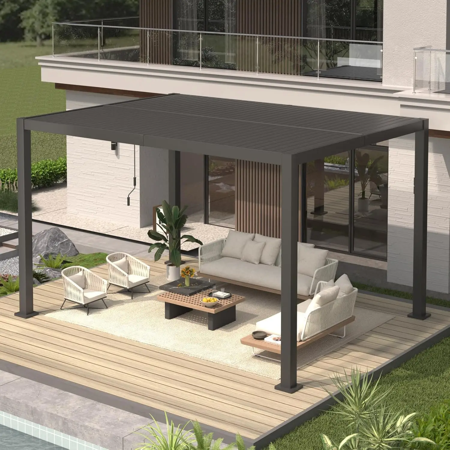 

10' ×13' Outdoor Louvered Pergola, Aluminum Outdoor Louvered Pergola Patio with Adjustable Roof for Outdoor Deck (Black)