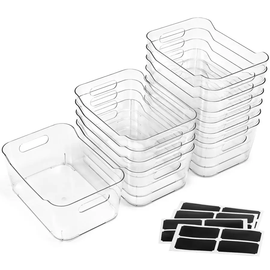 

PACK MultiUse Clear Plastic Storage Bins for Organizing w Labels Home, Kitchen, Bathroom, Office, Pantry Cabinet Shelf Organizer