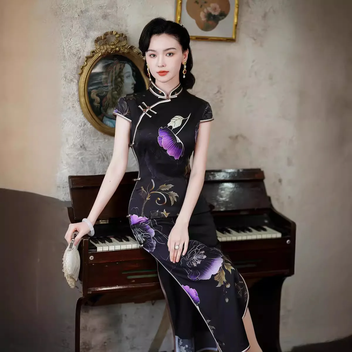 High Quality Real Silk Qipao Cheongsam Top Skirt Banquet Clothes Dress Evening Wear Lady High-End Special-Interest Design