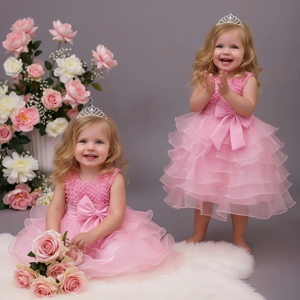 First Birthday Dress - Princess Dress, Cake-like Puff skirt; 2026 New Baby Girl Birthday Banquet Infant Princess Wedding Dress