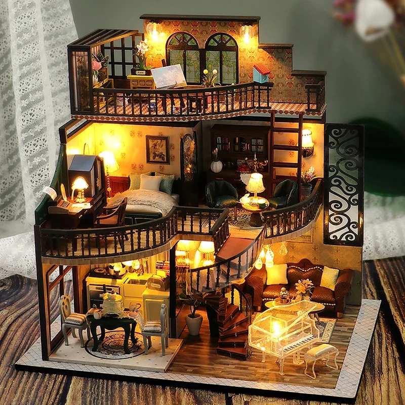 New 3D Wooden Puzzle Mini Doll House DIY Small House Kit Building Assembly Model Toy Home ecoration With Furniture LED Xmas Gift