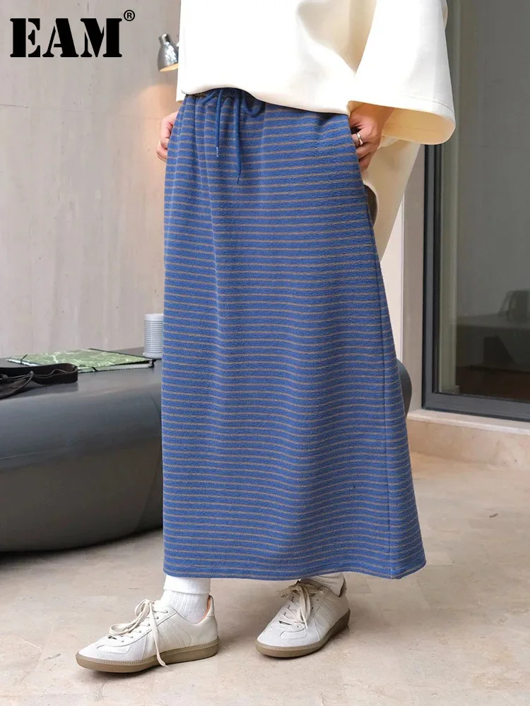 

Женская юбка в полоску [EAM], синяя утепленная элегантная юбка с высокой эластичной талией и разрезом сзади 1DH6531, Новинка для весны-осени 2024