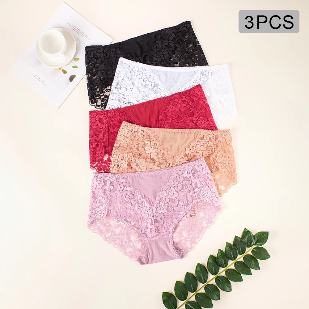 3PCS Women Lace Panties High Waist Lingerie Brief Plus Size S-4XL Sexy Women's Underwear Cheeky Sexy Woman Lingeries Intimates